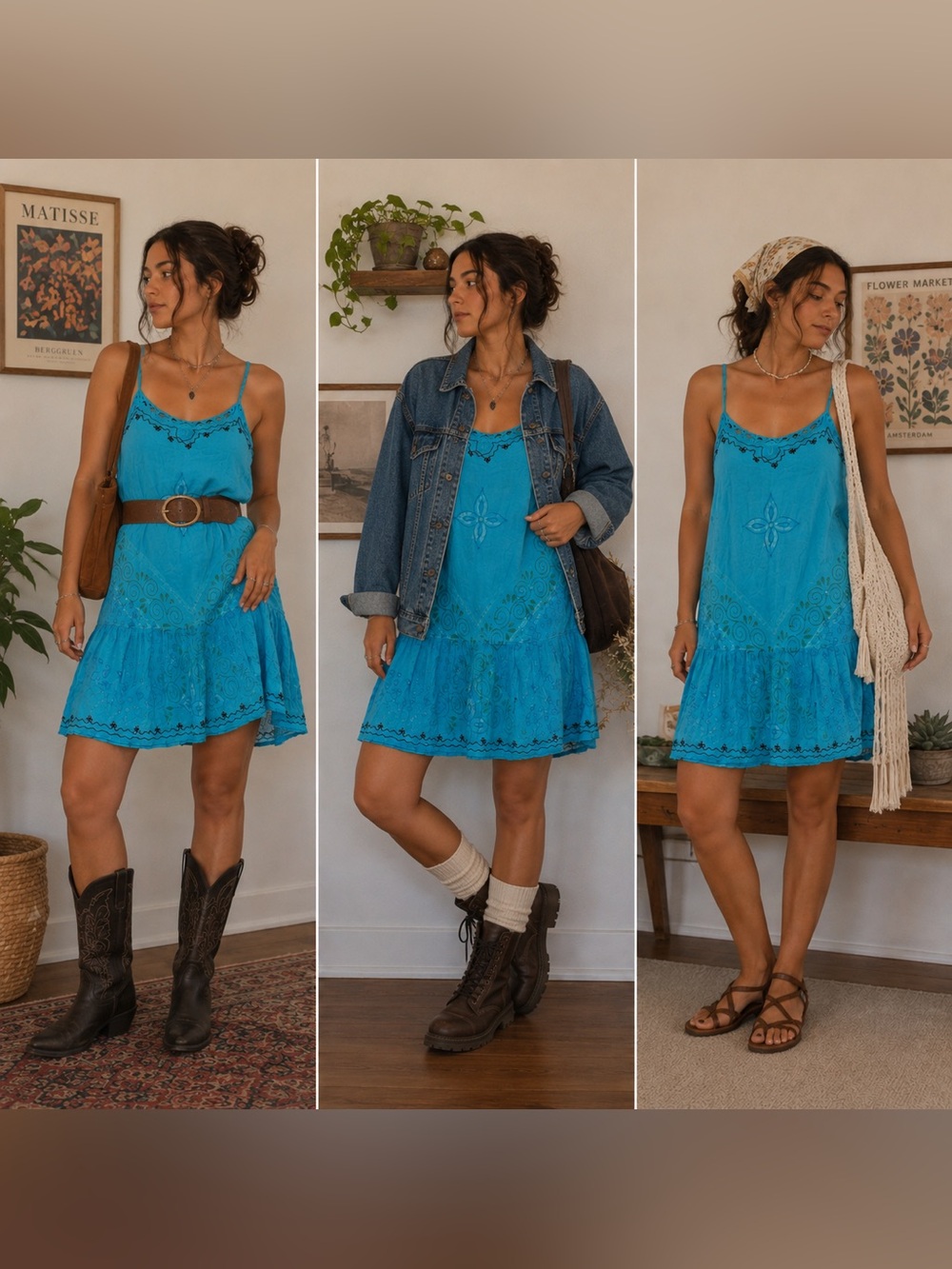 Vintage Just Cruising 100% Rayon Turquoise Boho Dress Embroidered Beaded